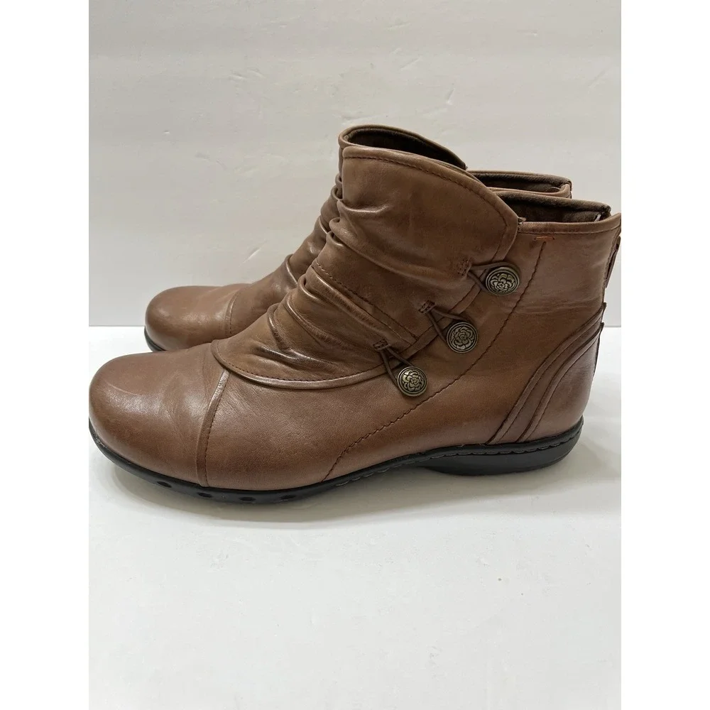 Rockport Cobb Hill Ruched Leather Booties Brown Buttons Back Zip Women's 9.5